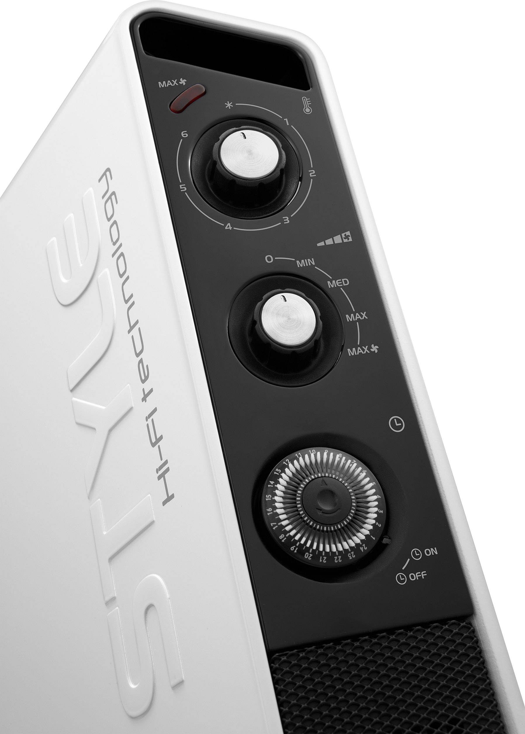 White speaker box with rotary controls and buttons, labelled with 'Style Hi-Fi Technology', showing volume and sound settings.