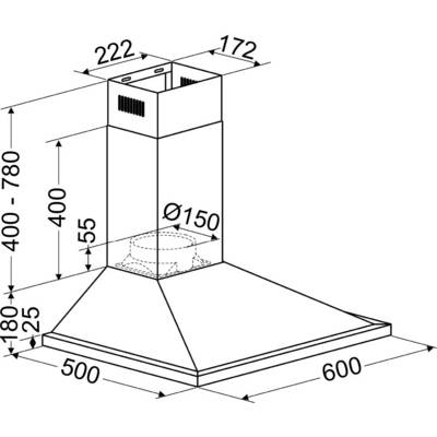 Drawing of an extractor hood with dimensions: Width 600 mm, Depth 500 mm, Height adjustable 400-780 mm, Connection Ø150 mm.