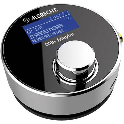 The image shows a round DAB+ adapter by Albrecht with a display indicating the radio station 'D-RADIO NDR' and the title 'NEVER SAY NEVER'.