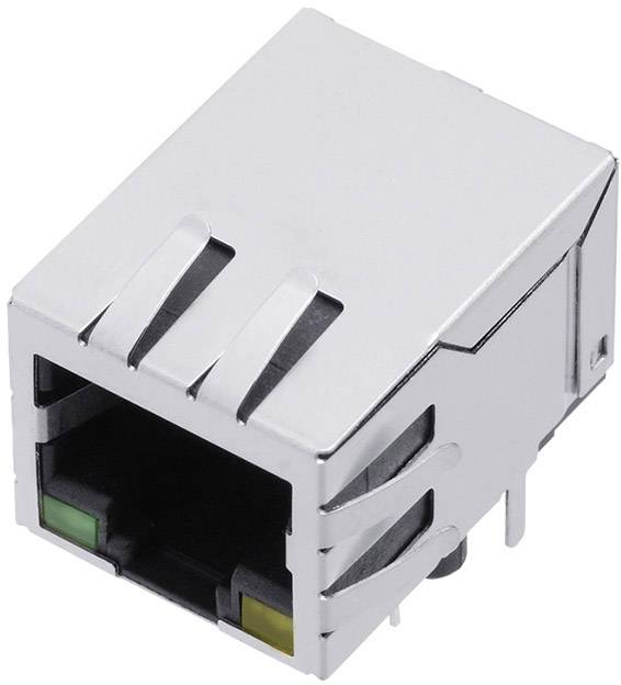 Metallic RJ45 network socket shown, commonly used for Ethernet connections in computer networks.