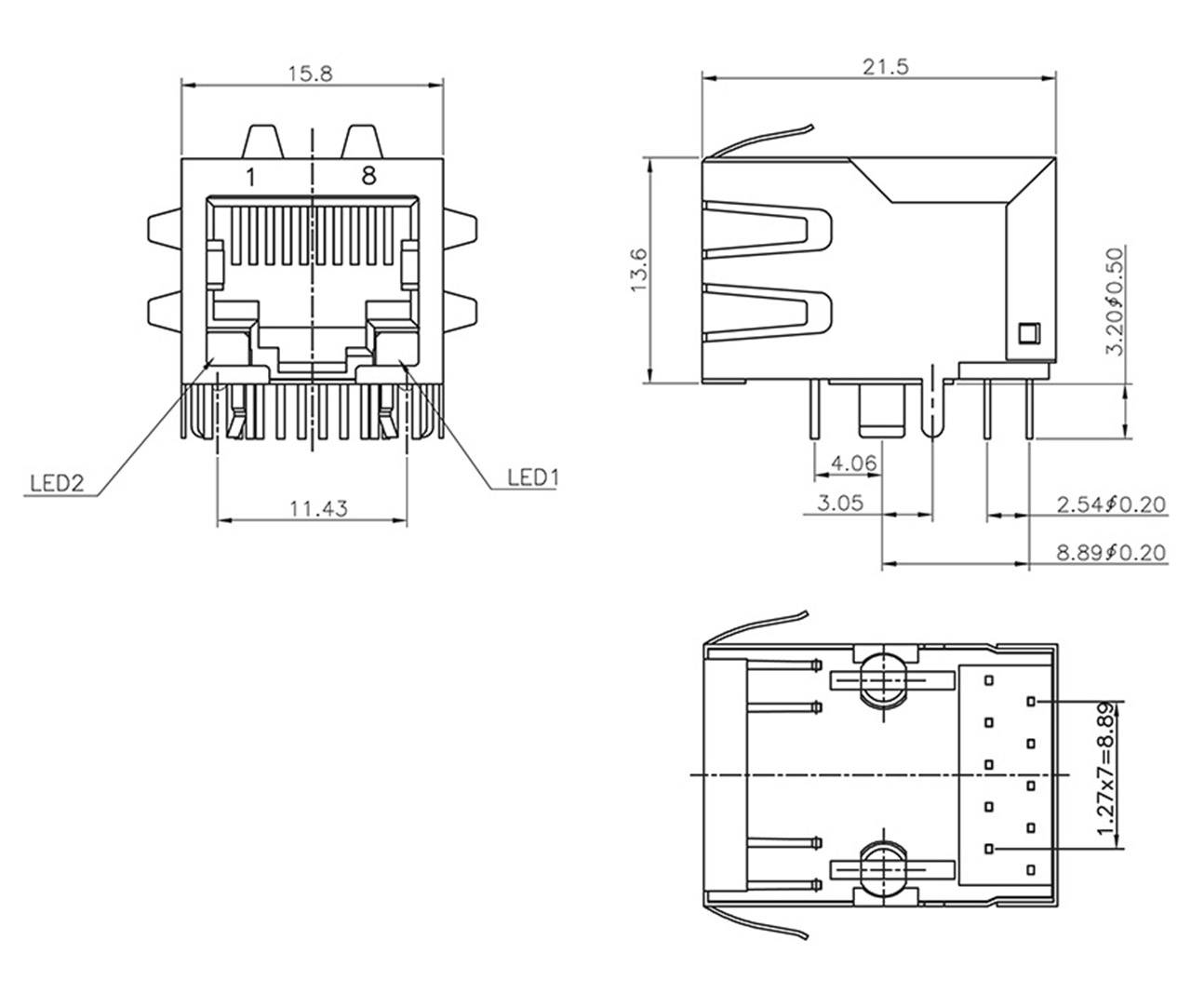 Technical drawing of an RJ45 network plug with dimensions in millimetres, showing front, side, and top view with LED indicator locations.