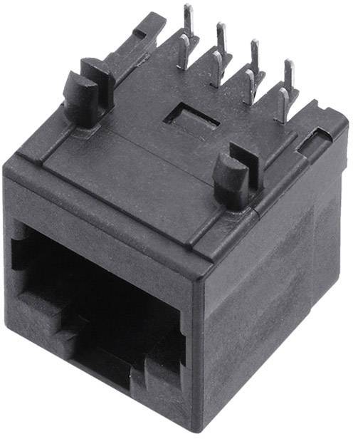 Black RJ45 socket connector with eight metal pins, suitable for Ethernet connections in network or telecommunications equipment.
