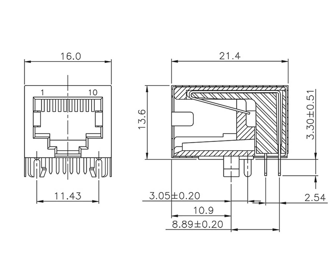 Technical drawing of an RJ45 connector with precise dimensions in millimetres, side and front view.