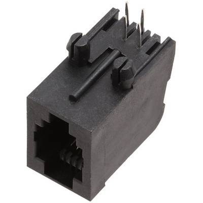 A black RJ45 socket connector with eight pins and PCB mounting. Used for network connections.