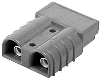 A grey, rectangular electrical connector with two circular openings for electrical contacts, marked with plus and minus symbols.
