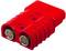 Red electrical connector housing with two round metal terminals, suitable for industrial applications.
