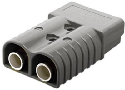 Grey electrical connector with two round metal contacts. Used for secure and reliable electrical connections.