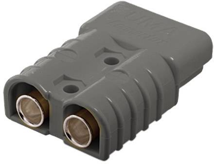 A grey electrical connector with two round terminals, suitable for industrial applications.