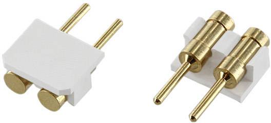 Two gold-coloured plugs with white plastic casings, arranged in parallel.