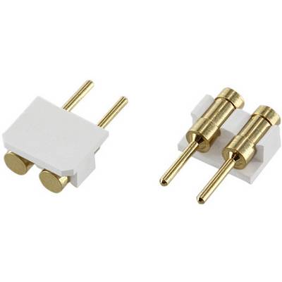 Two gold-coloured plugs with white plastic casings, arranged in parallel.