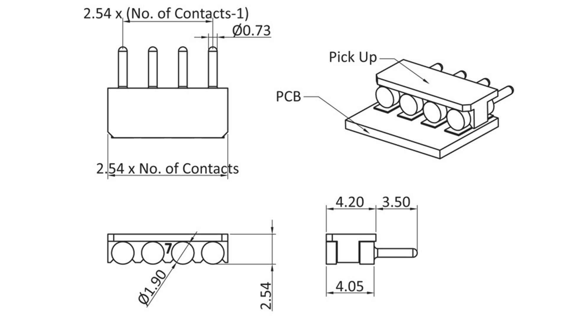 Technical drawing of an electrical connector: shows various views including dimensions and contact points on a PCB.