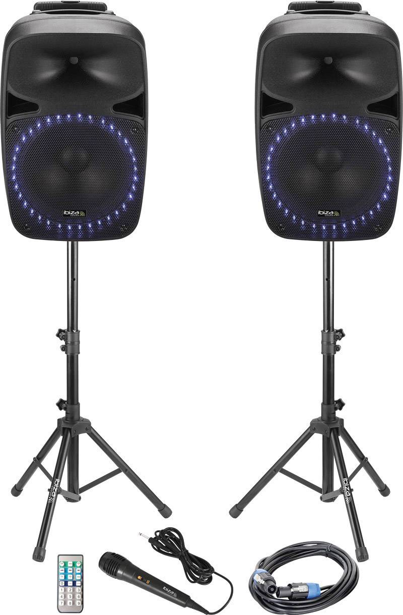 Ibiza Sound PKG15A-SET Active PA speaker set Bluetooth, Built-in light effect, incl. tripod, incl. microphone
