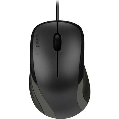Black computer mouse with cable, viewed from above. 'Speed link' text on the side.