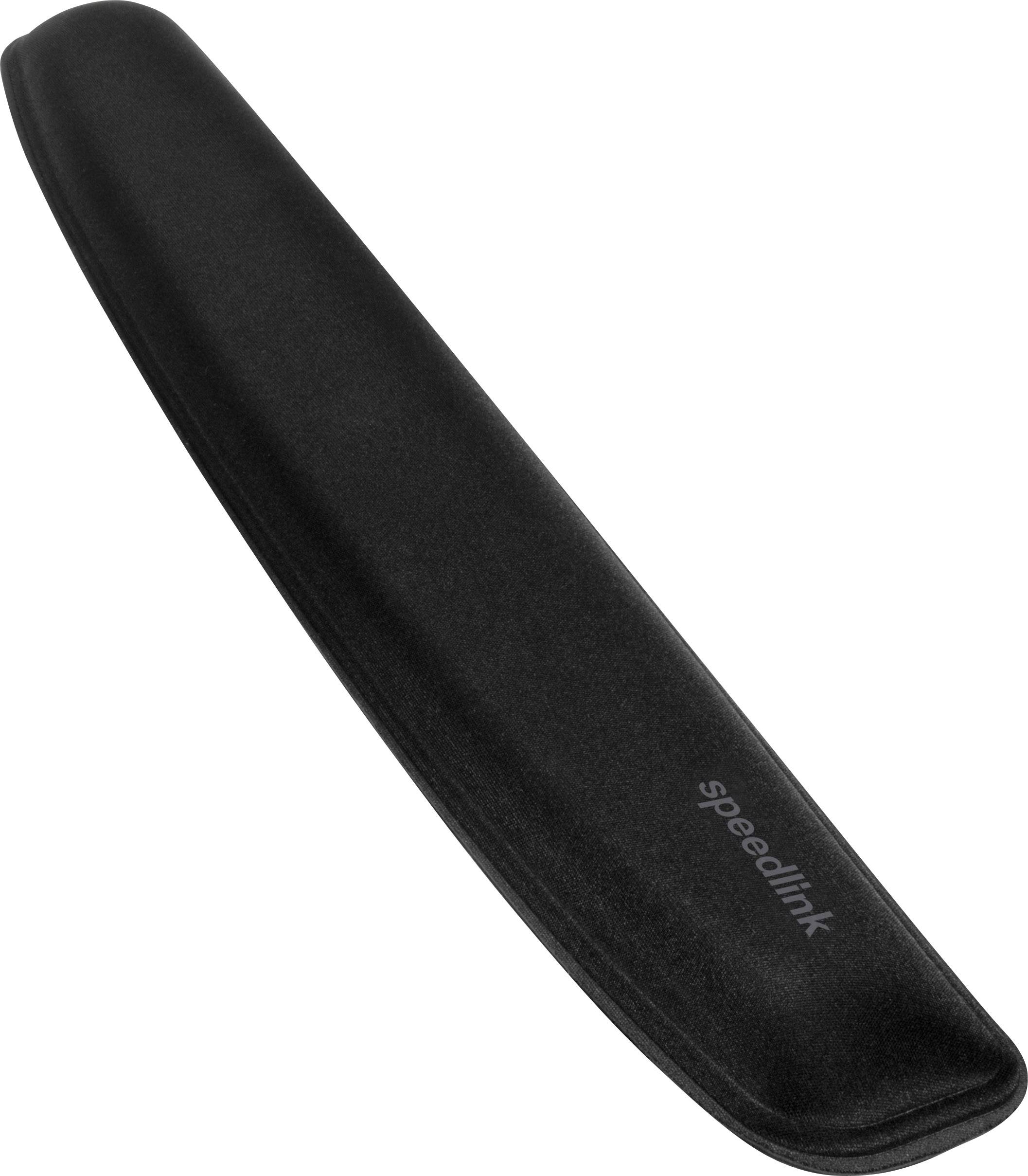 Black padded wrist rest with 'speedlink' logo, ergonomically shaped to provide support during extended computer use.