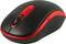 Black computer mouse with red accents, scrollable wheel and two buttons, suitable for office or home use.