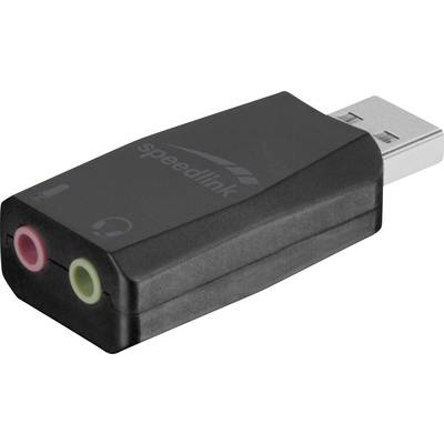External USB sound card in black with a silver USB plug, featuring a microphone input and headphone output.