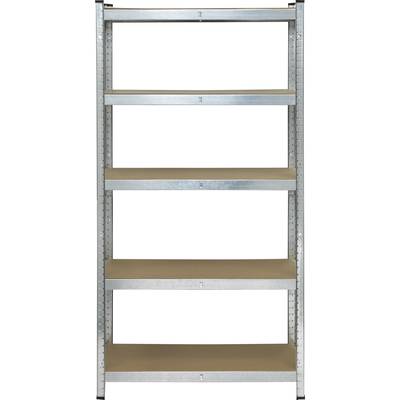 Metal shelving unit with five brown shelves, suitable for storing items in garages, workshops or storage rooms.