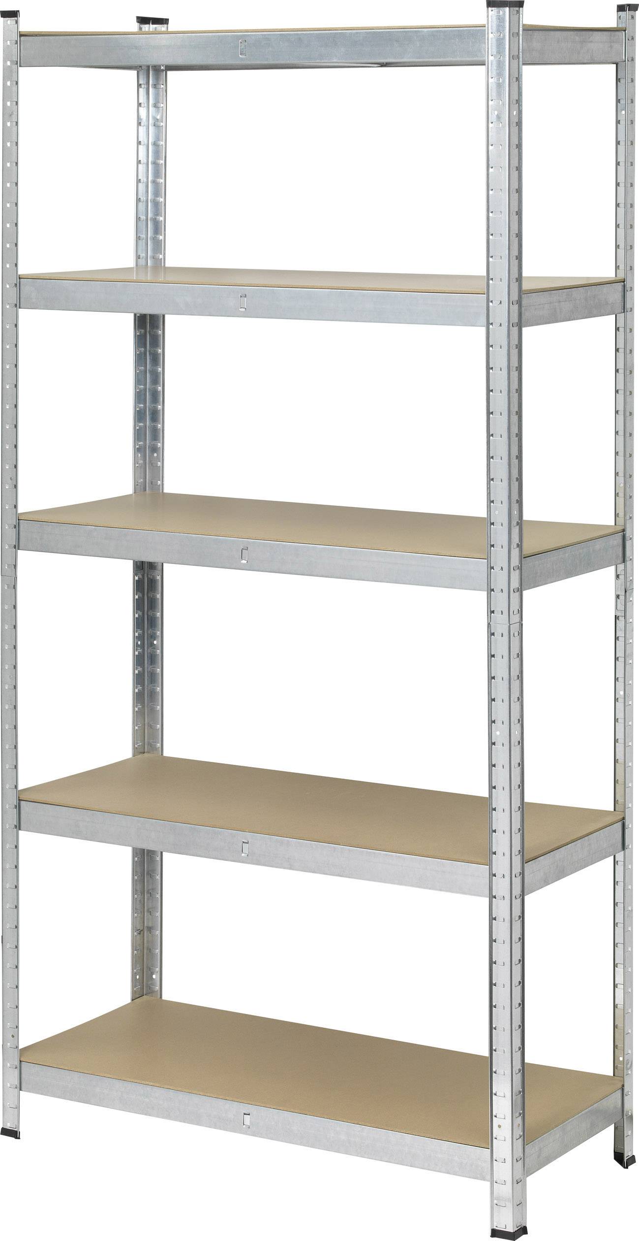 Shelving unit with five wooden shelves and metal frame for storage. Suitable for garage or utility room.