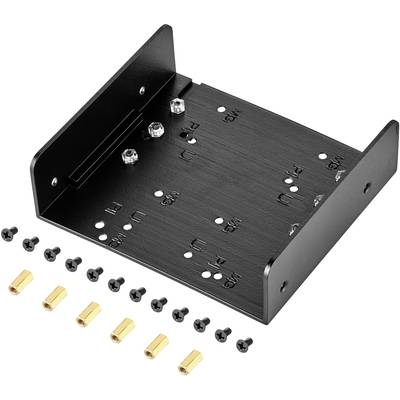 Black metal mounting bracket with multiple holes and screw set, suitable for securing hardware components within an enclosure.
