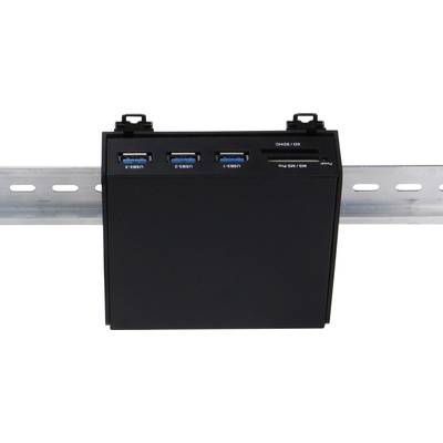 A black network device is attached to a metal rail. It displays four USB ports on the front.