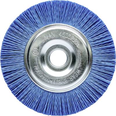 A round wire brush with blue bristles and a metal centre, suitable for up to 4,500 rpm.