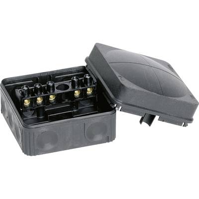 A black cable junction box with an open lid reveals internal connection terminals. Suitable for electrical installations.