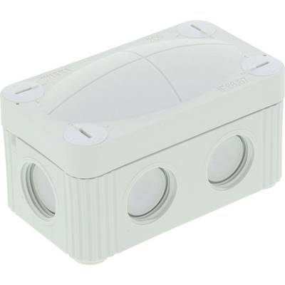 Grey rectangular junction box with multiple closure openings on the sides. Box is suitable for electrical wiring.