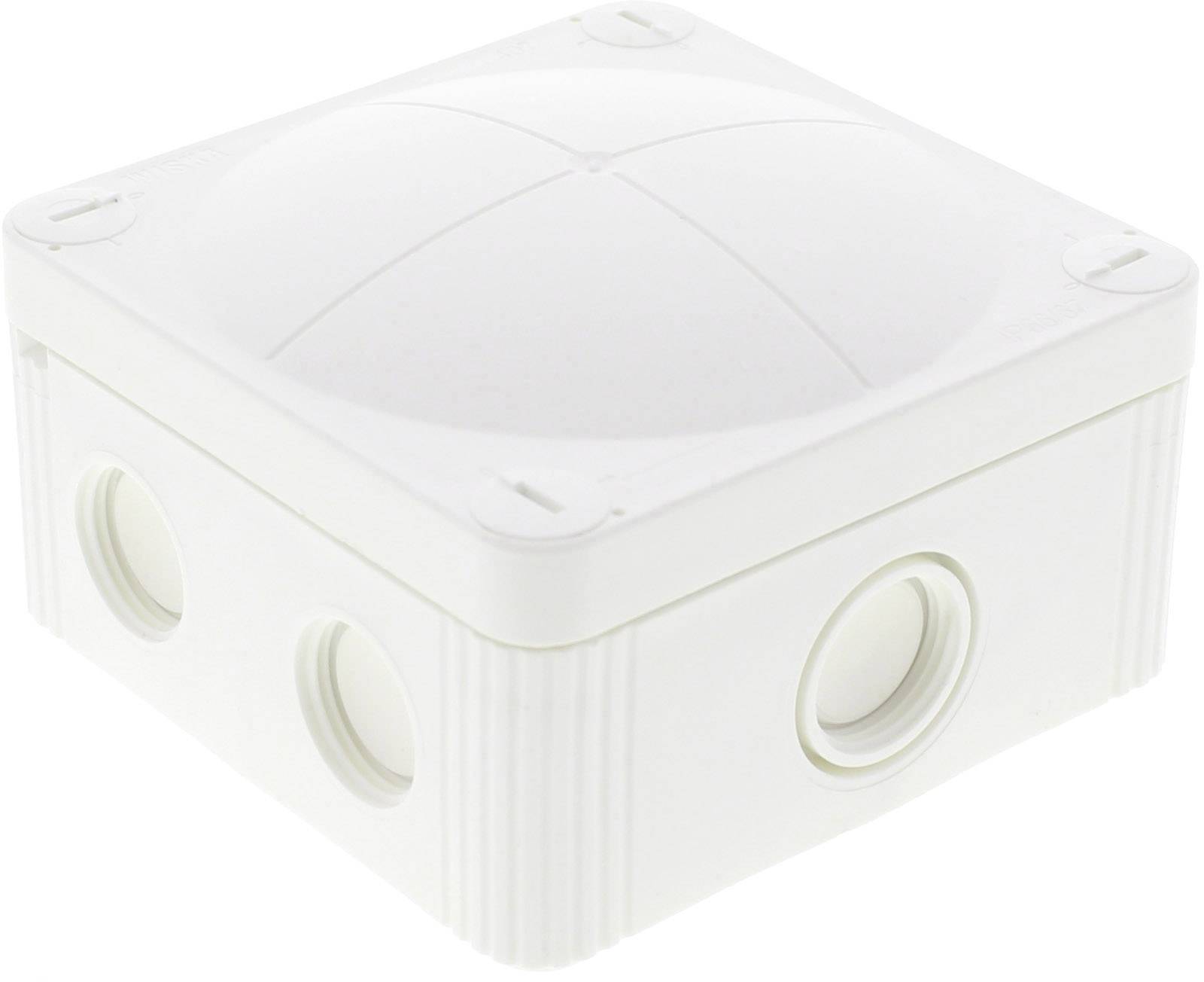 White plastic junction box with rounded corners and side cable entries.