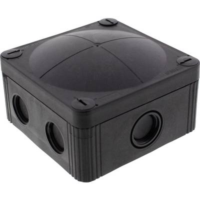 Black junction box with four entry points, suitable for electrical wiring in various environments.