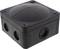Black junction box with two side cable entries, square-shaped, suitable for electrical installations.