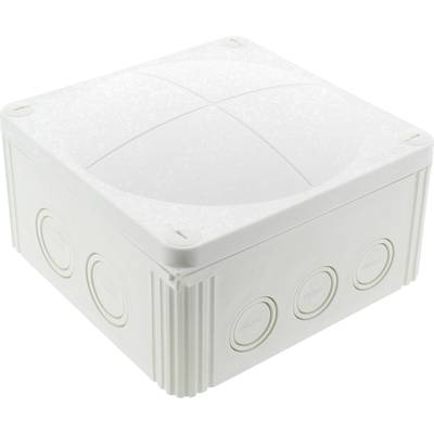 White square junction box with a removable lid, featuring multiple side openings for cable entry. Ideal for electrical installations.