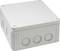 Grey waterproof junction sleeves with removable round covers and fixing screws at the corners; IP54/55 classification.