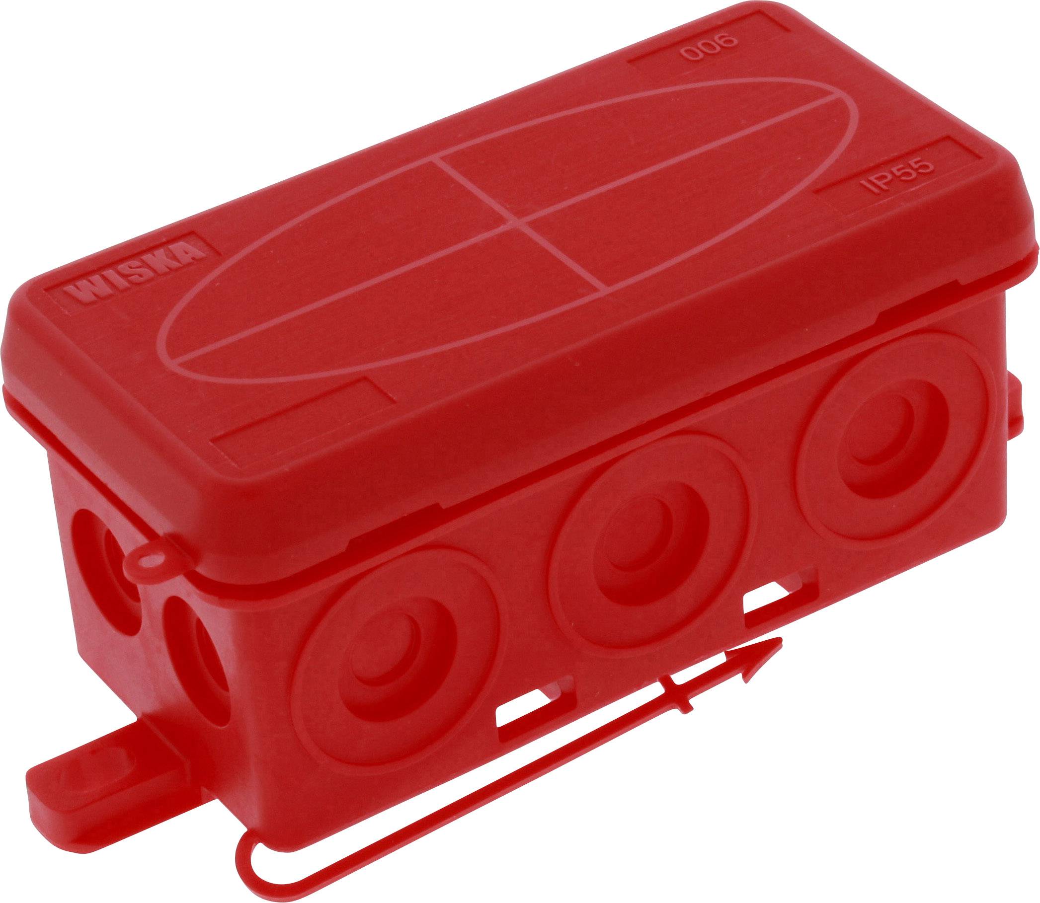 Rectangular, grey junction box with a removable lid and four side holes for cable entry. IP55 rating clearly marked.