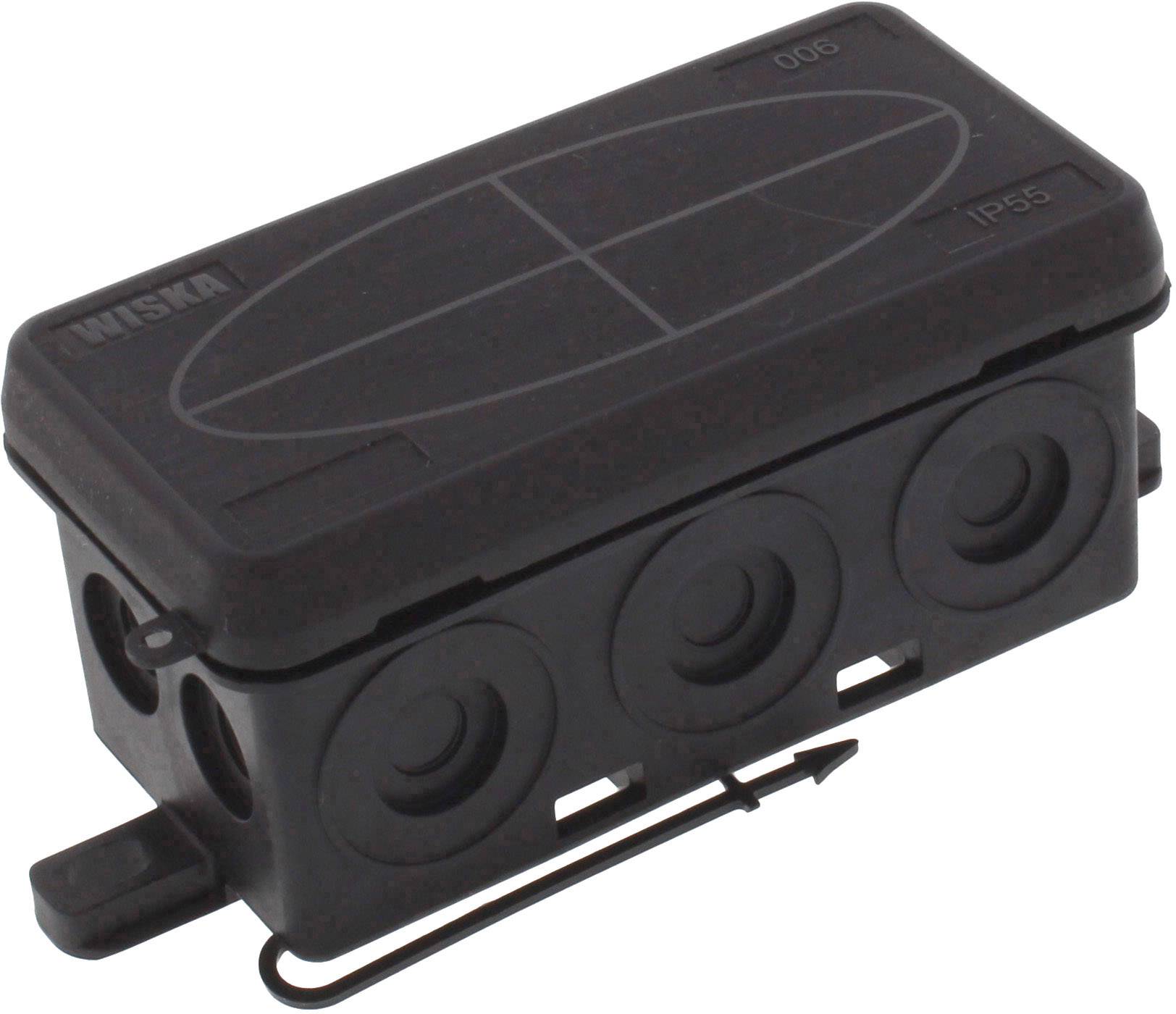 A rectangular, black cable connector with multiple cable entry points, marked 'IP55' on the side. Suitable for outdoor installations.
