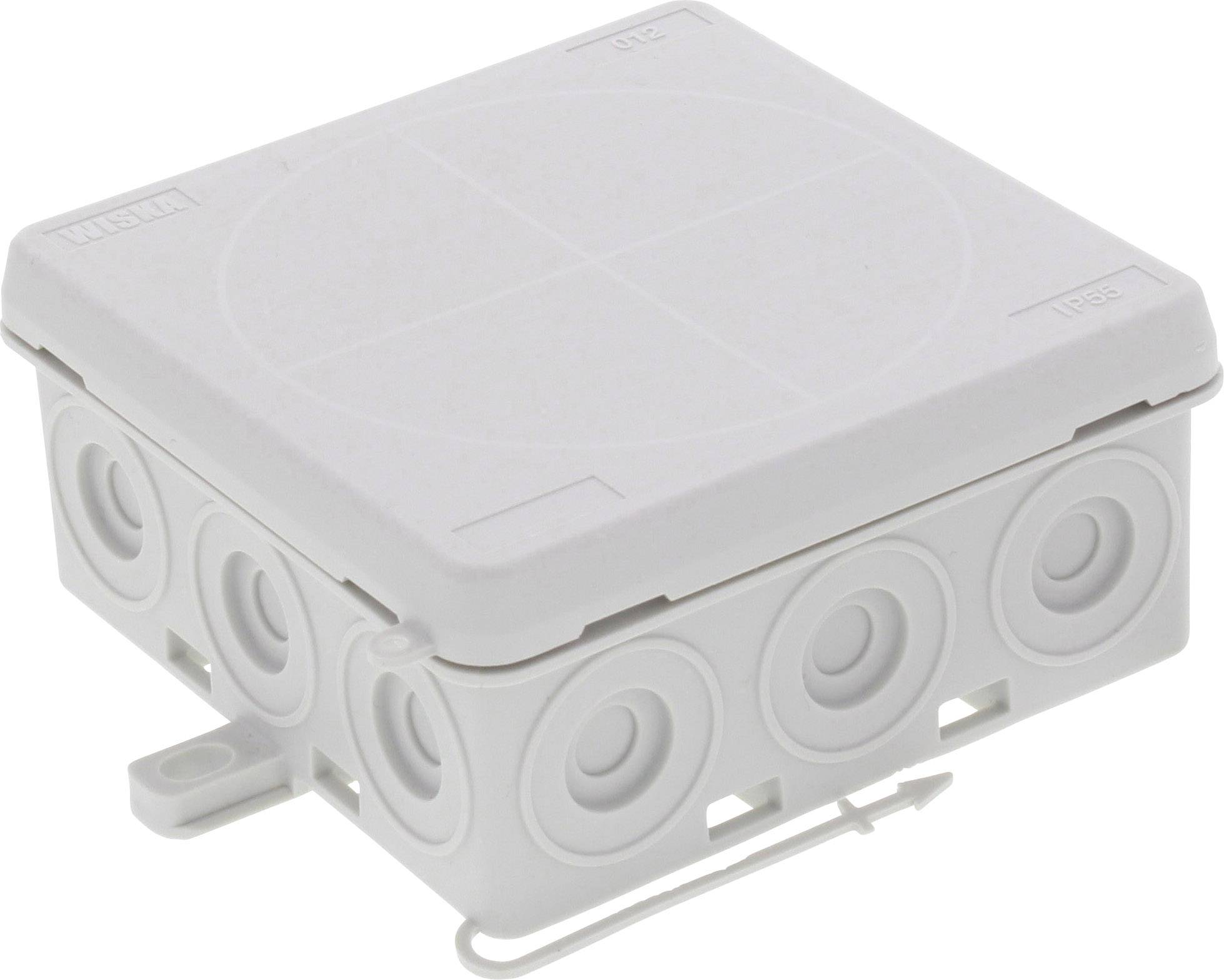 White, square plastic junction box with multiple round cable openings on the sides, lid has a dotted pattern.