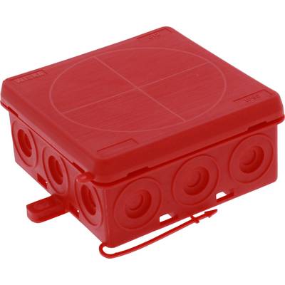 A red electrical junction box with round openings on its sides. It is used to protect cable connections.