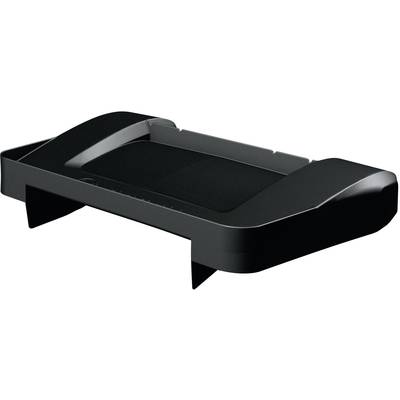A black, rectangular TV stand with curved sides and integrated cable management functionality.