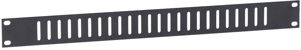 A black metal blanking panel with multiple rectangular ventilation slots, suitable for mounting in a rack system.
