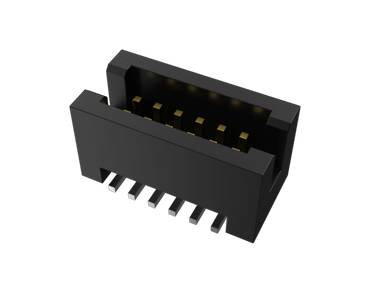 Black, rectangular electrical connector with multiple shiny, gold-plated contact pins, open on the short side.