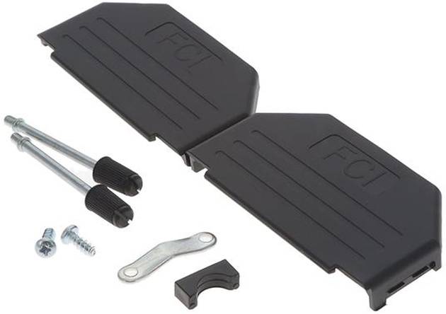 A set of black plastic inner fender covers with 'FCL' imprinted, accompanied by mounting hardware including screws, bolts, and a metal bracket.
