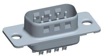 An electrical plug with a rectangular housing and multiple pins, suitable for surface mounting.