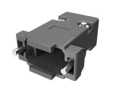 A black plastic plug with two metal pins, suitable for electrical connections.
