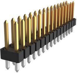A gold-coloured pin header connector with multiple pins arranged vertically. Primarily used in electronic circuits.