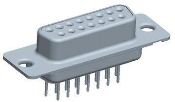 A grey, rectangular connector with multiple pins and two lateral mounting rails. Primarily used for electronic connections.