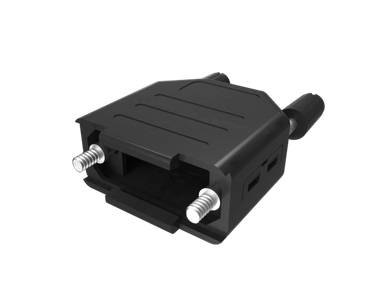 A black electrical connector with two protruding metal pins, surrounded by a rectangular housing.