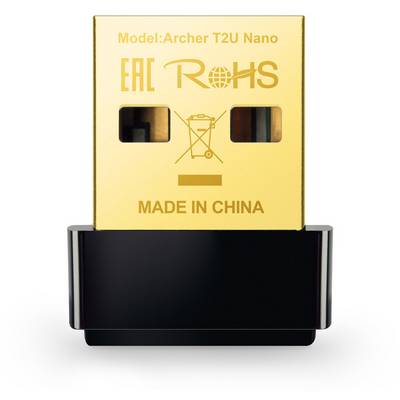 A small, rectangular USB adapter with the inscription 'Archer T2U Nano', 'EAC', 'RoHS' and 'MADE IN CHINA' in gold lettering on a black background.
