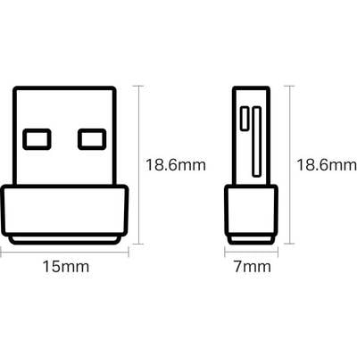 Figure of a USB stick with dimensions: Width 15mm, Side view 7mm, Height 18.6mm. Shows front and side view.