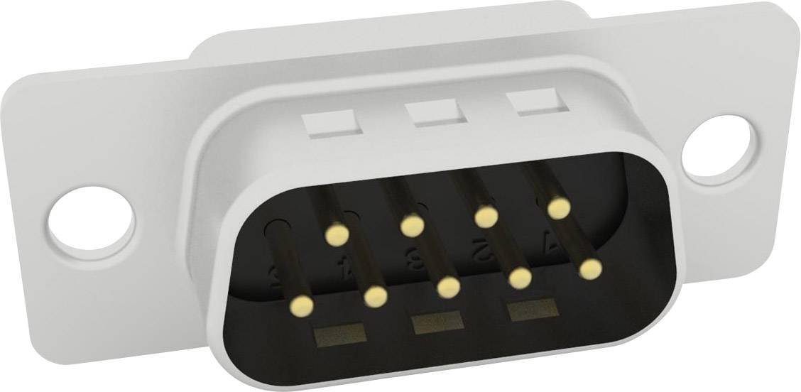 A rectangular, grey plug with nine golden pins and two mounting slots on each side.