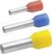 Three insulated wire end ferrules with differently coloured insulations in red, blue and yellow, shown for wire connection.