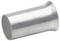 Silver metallic ferrule, cylindrical with one flared end, used for crimping electrical wires, set against a plain white background.